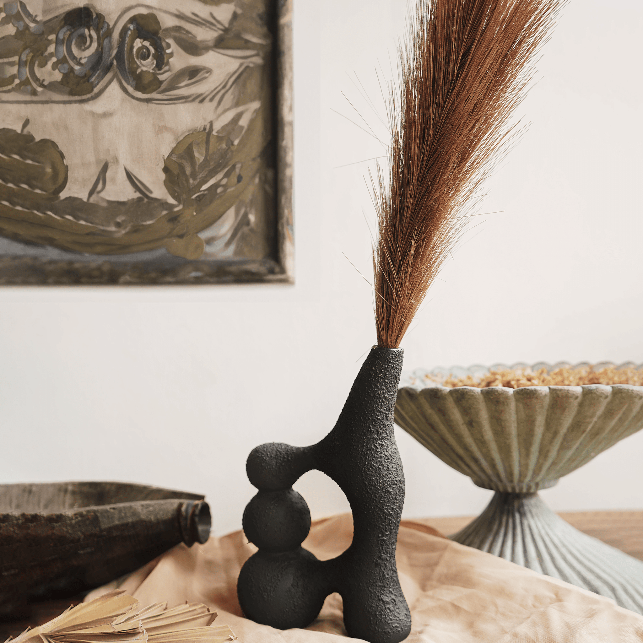 Modern Black Ceramic Ring Vase with Sculptural Design